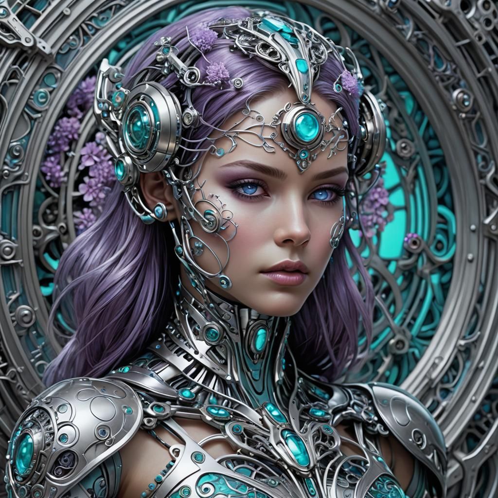 Silver Lilac Cyborg Woman in Art Nouveau Style