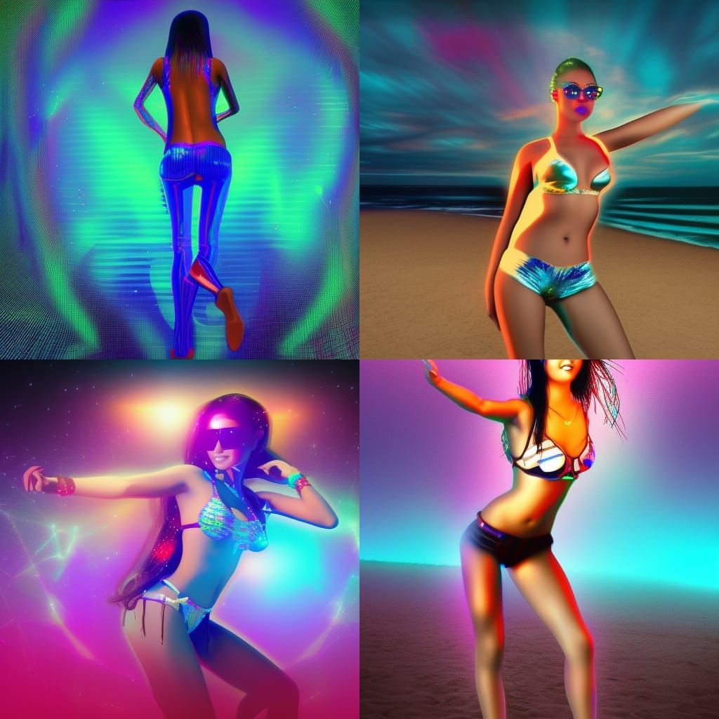 Cyberpunk Dancer on Beach: Holographic Astral Illustration