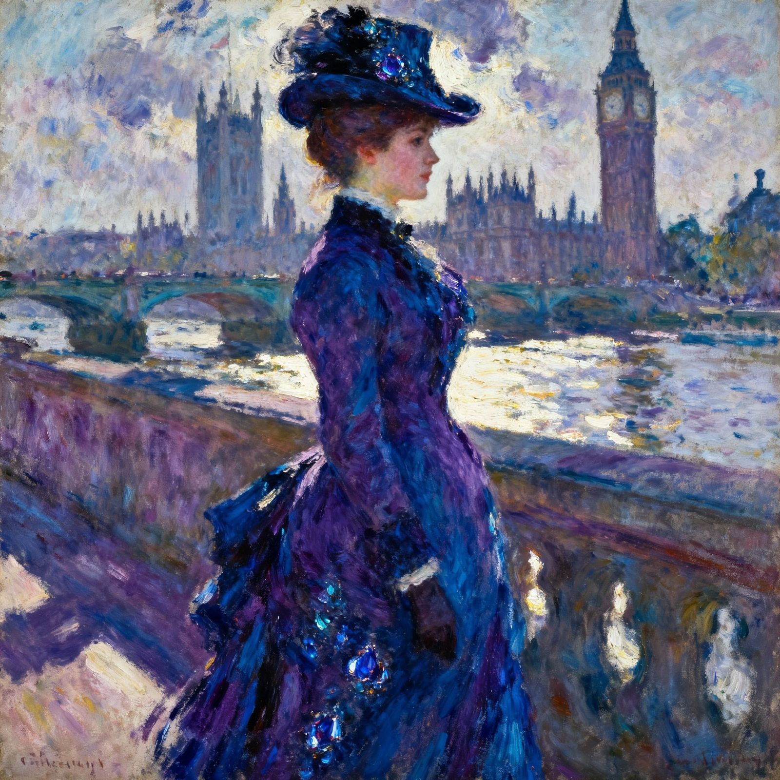 Victorian Woman in Stylish Hat Amidst London Scenery
