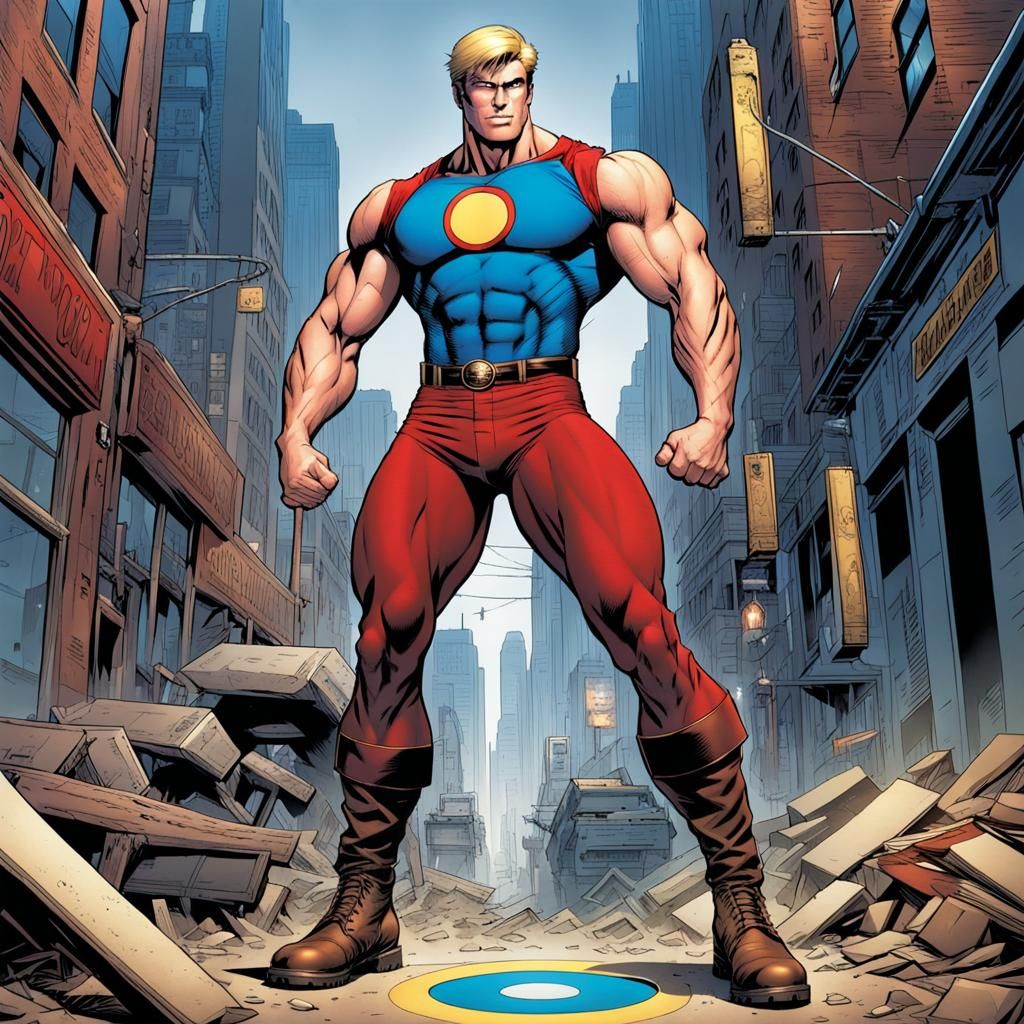 Towering Blond Superhero in Comic Book Art