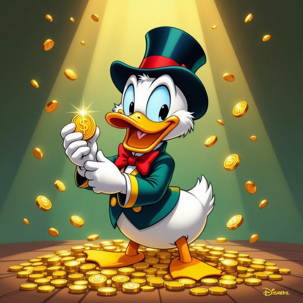 Uncle Scrooge Clutching His Lucky Dime in Digital Painting