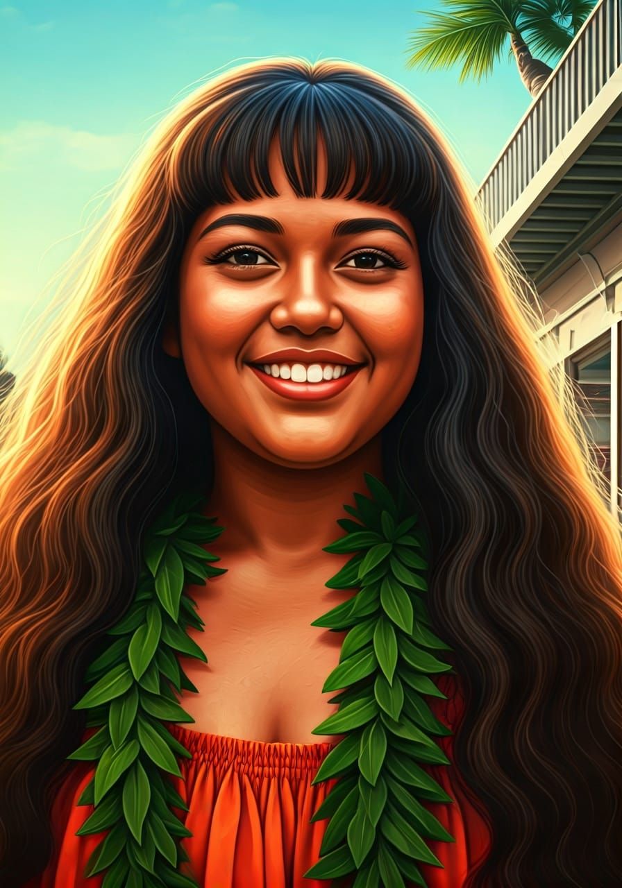 Happy Hawaiian Woman in Traditional Dress