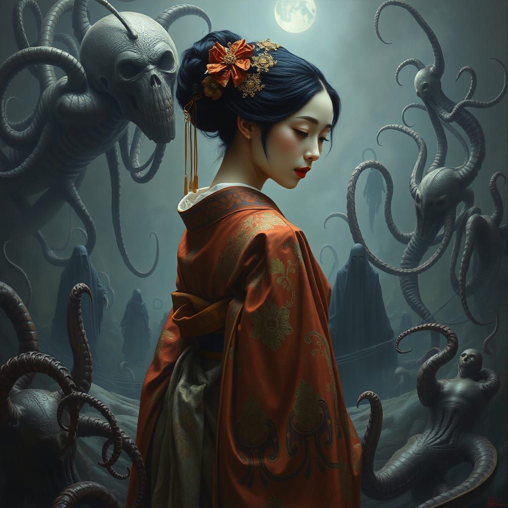 Serene Geisha in a Dark, Futuristic Landscape