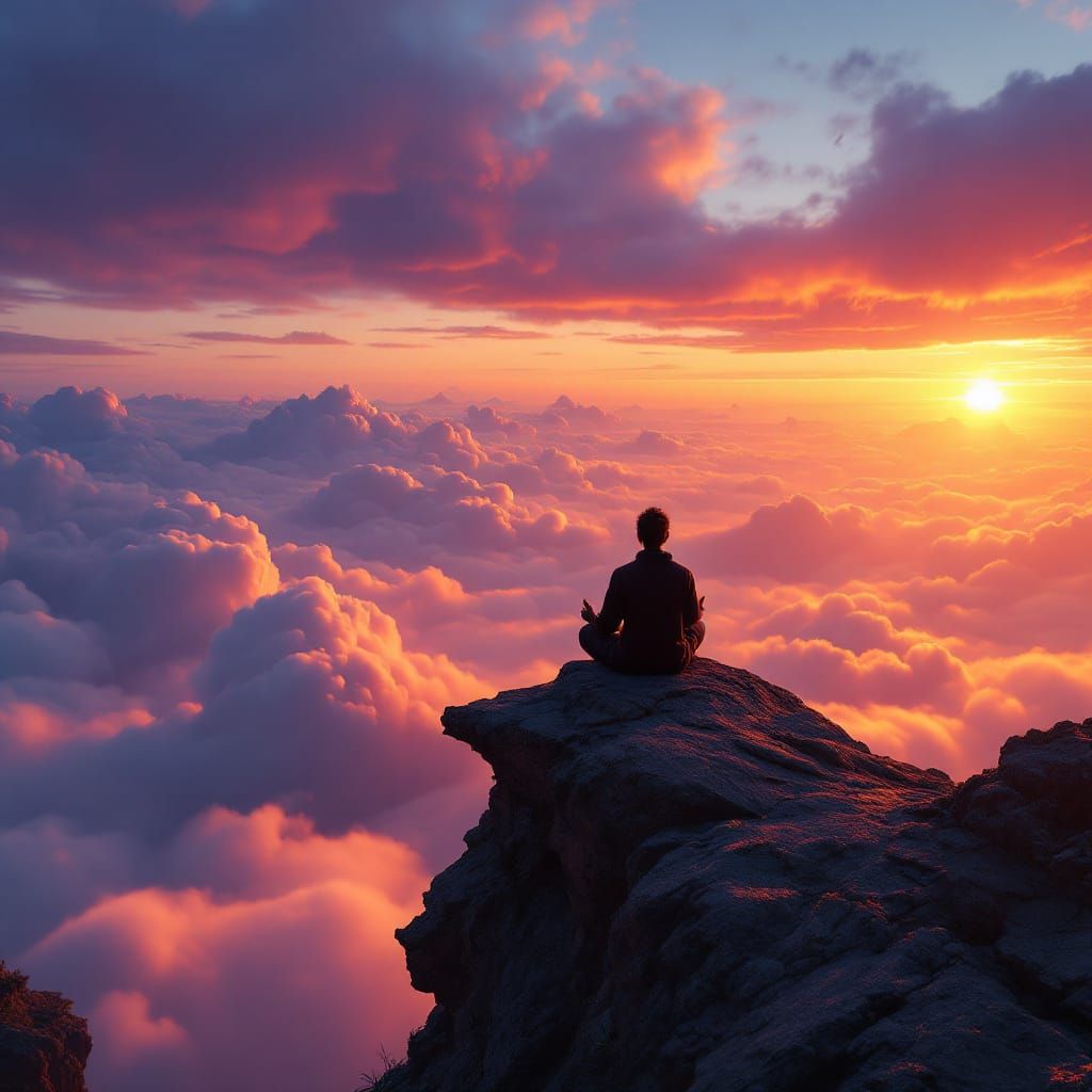 Solitary Figure Meditating Above Luminescent Clouds at Sunse...