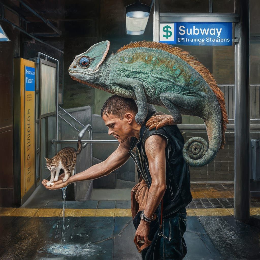 Surrealist Chameleon-Peacock Hybrid Seeks Alms in Urban Land...