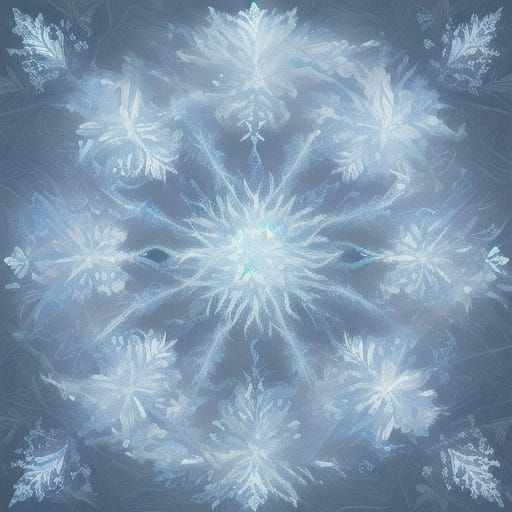 Ethereal Snowflake Fractal in Swirling Blue and White Hues