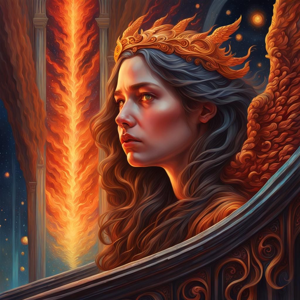 Angel in Flames Gazing at Stars: Art Nouveau Portrait