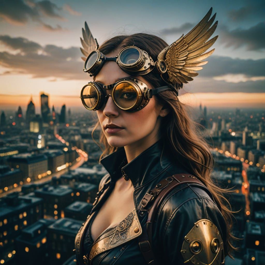 Steampunk Goddess of Neo-London in Cinematic Film Style