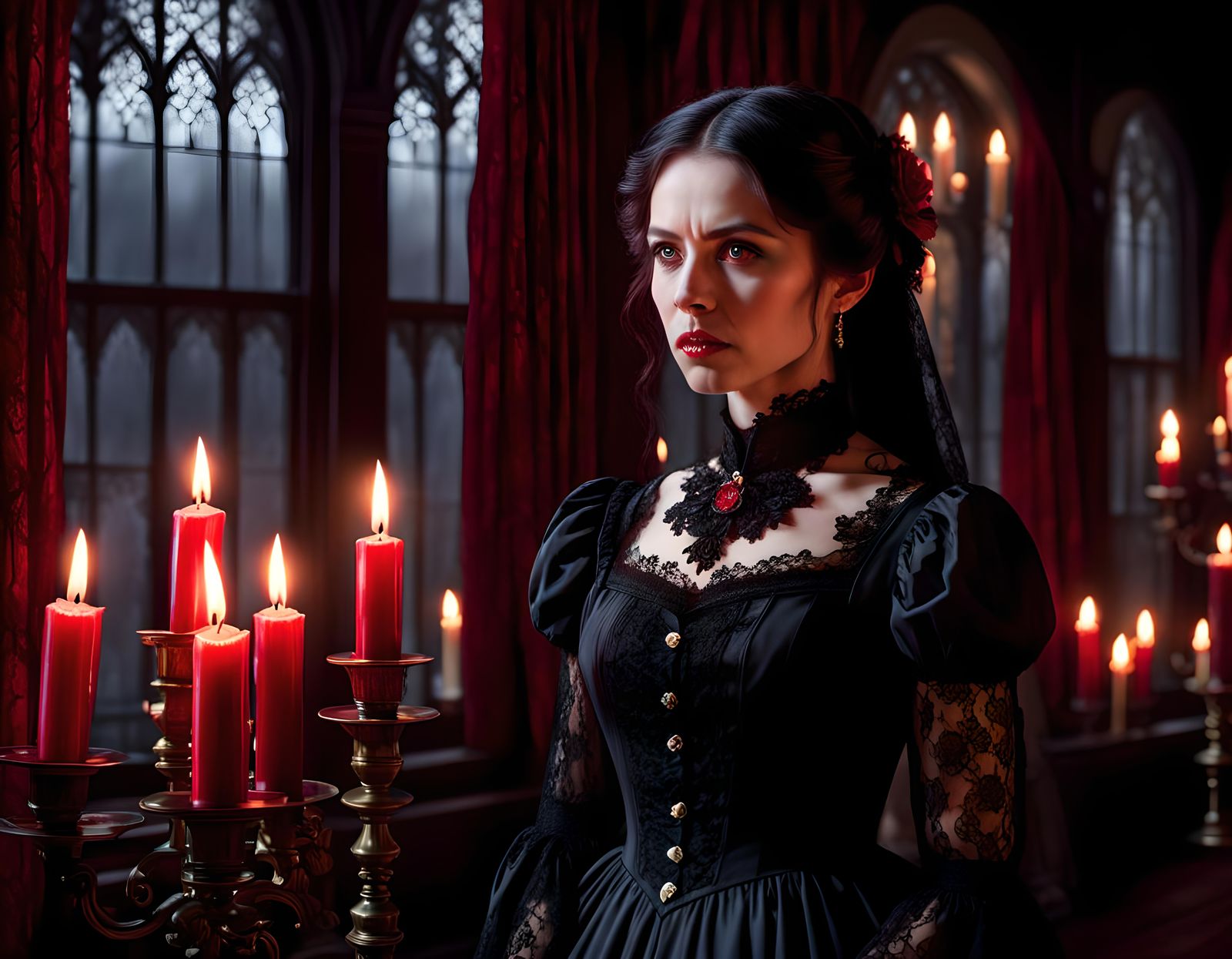 Vampire in Candlelit Gothic Mansion: Hyperrealistic Portrait
