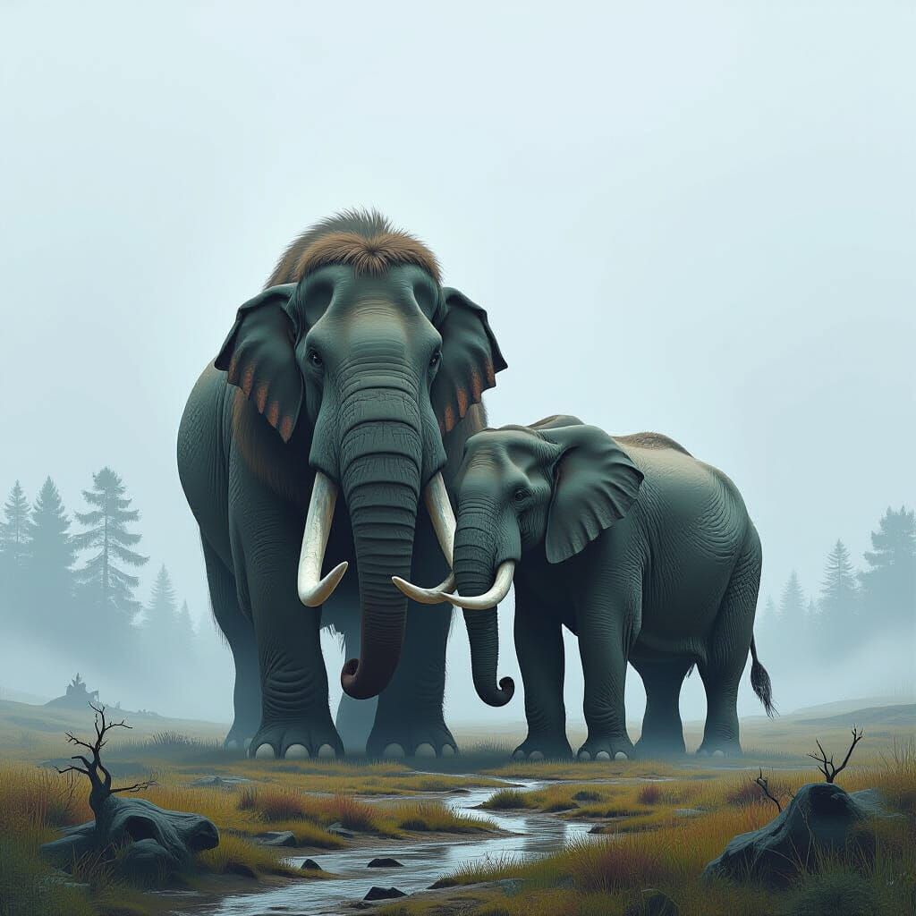 Mammoth and Elephant in Misty Prehistoric Landscape