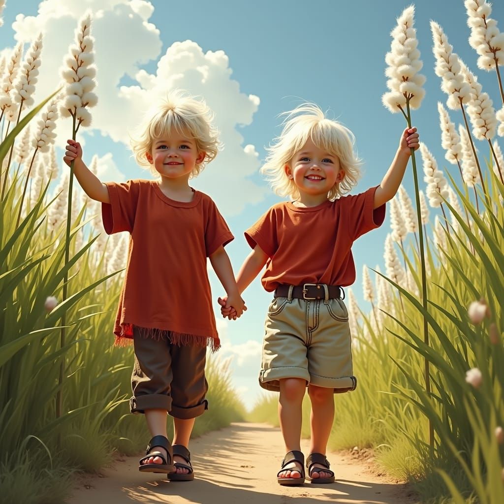 Children in Cottongrass Field, Renoir-Inspired Painting