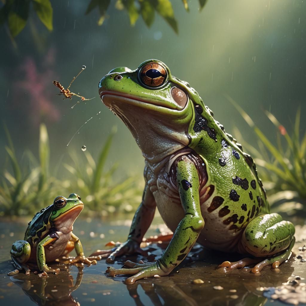 Hyperrealistic Frog Contemplates Bug in Colorful Splash Art