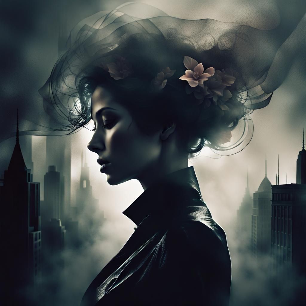 Female Face in Dark City Double Exposure