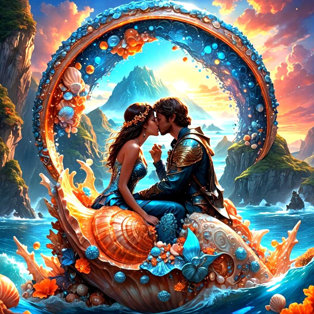 Lovers Kissing in Shell with Magical Sparks
