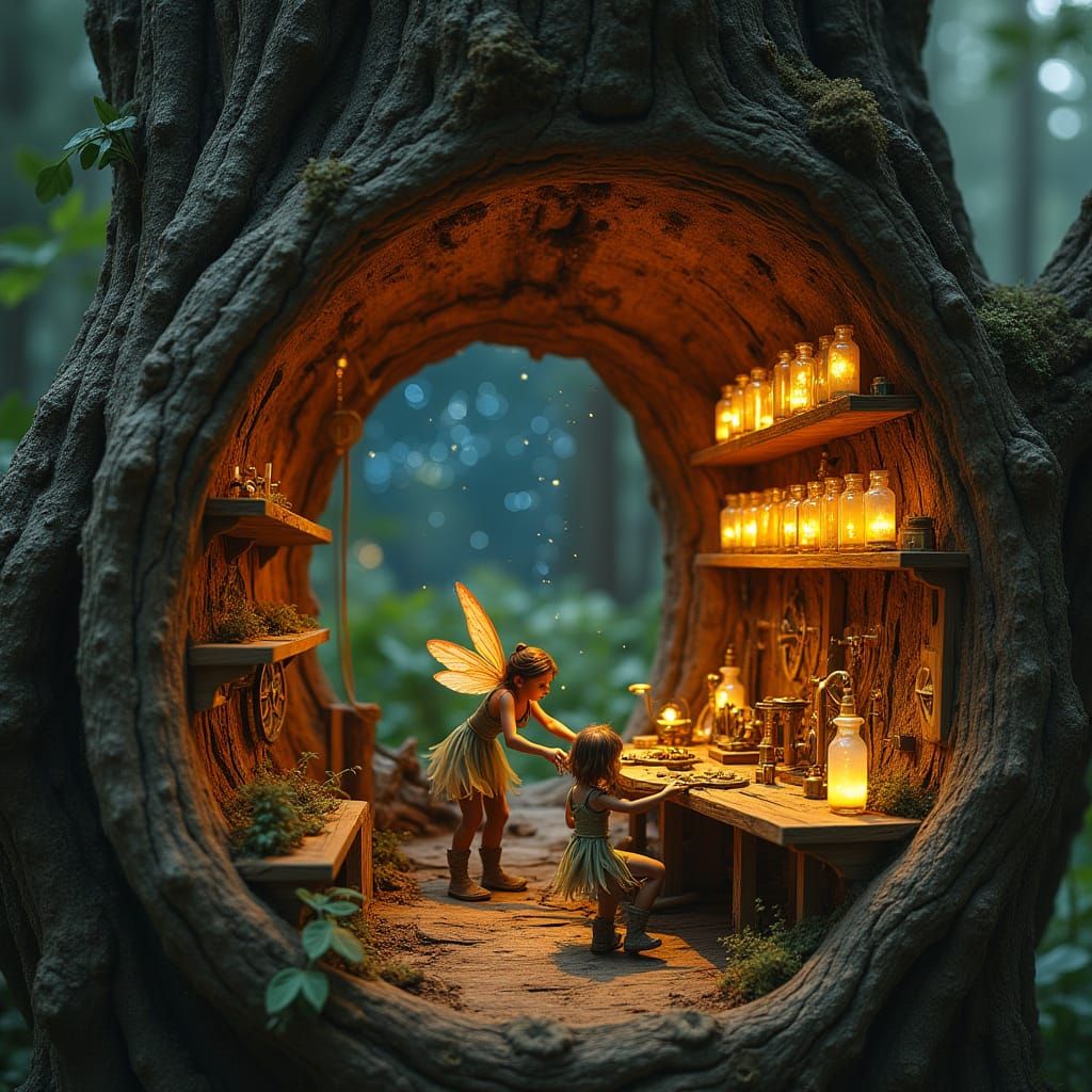 Whimsical Steampunk Fairy Workshop Inside Ancient Tree Trunk