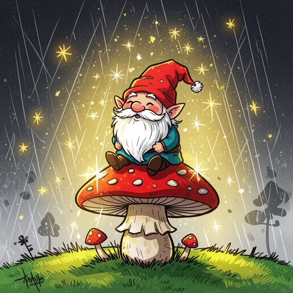 Whimsical Dwarf on Mushroom in Rain, Ink Drawing Style