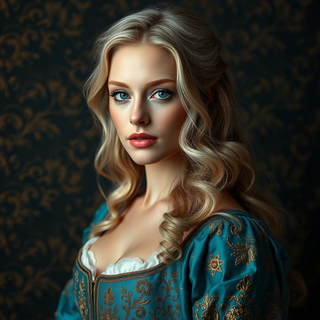 Baroque Portrait of Woman in Turquoise Gown