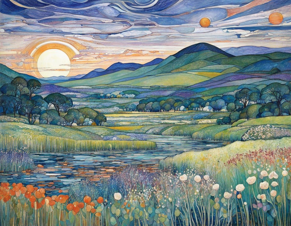 Garden of Art Nouveau Dreams in a Whimsical Landscape