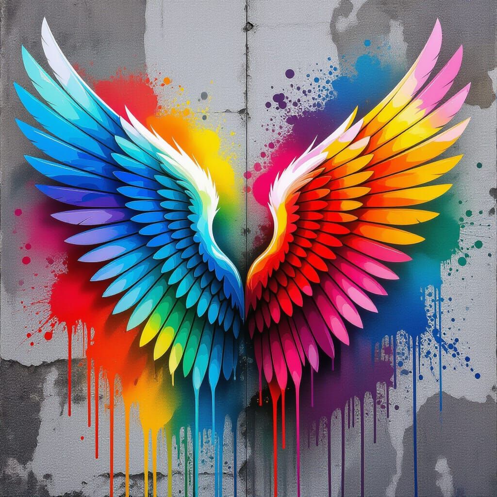 Vibrant Angel Wings Street Art in Polychromatic Style