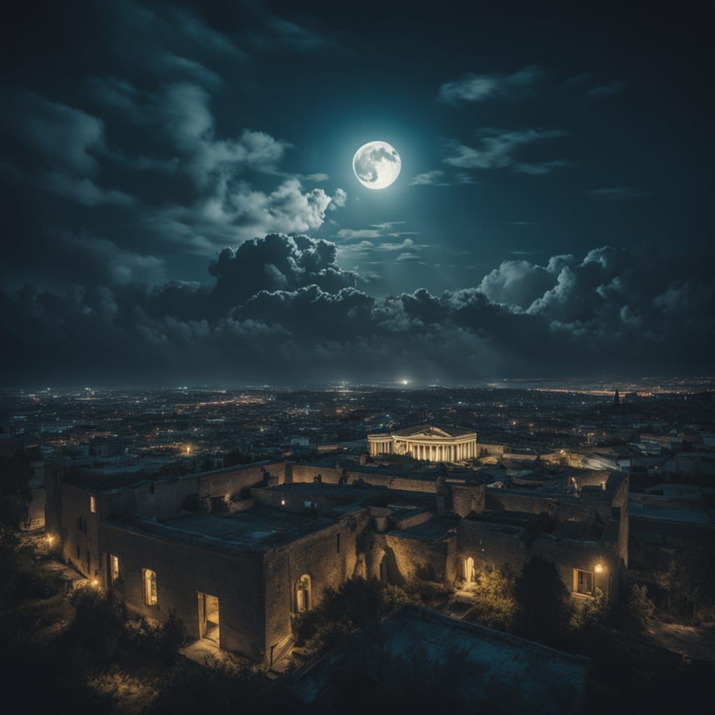 Urban Nighttime Skyline with Mythological Windows