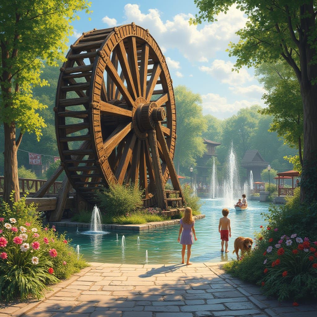 Majestic Wooden Water Wheel in Vibrant Water Park Scene
