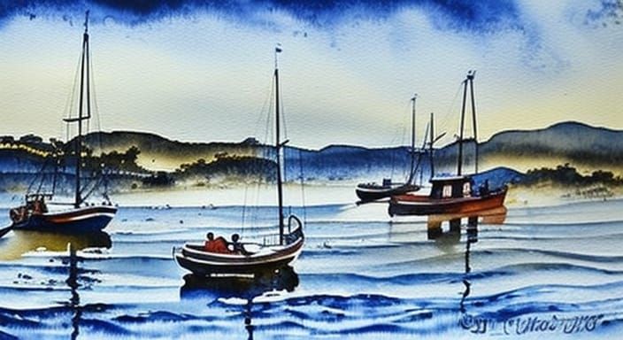 Watercolor Wharf Scene with Watercraft and Waves