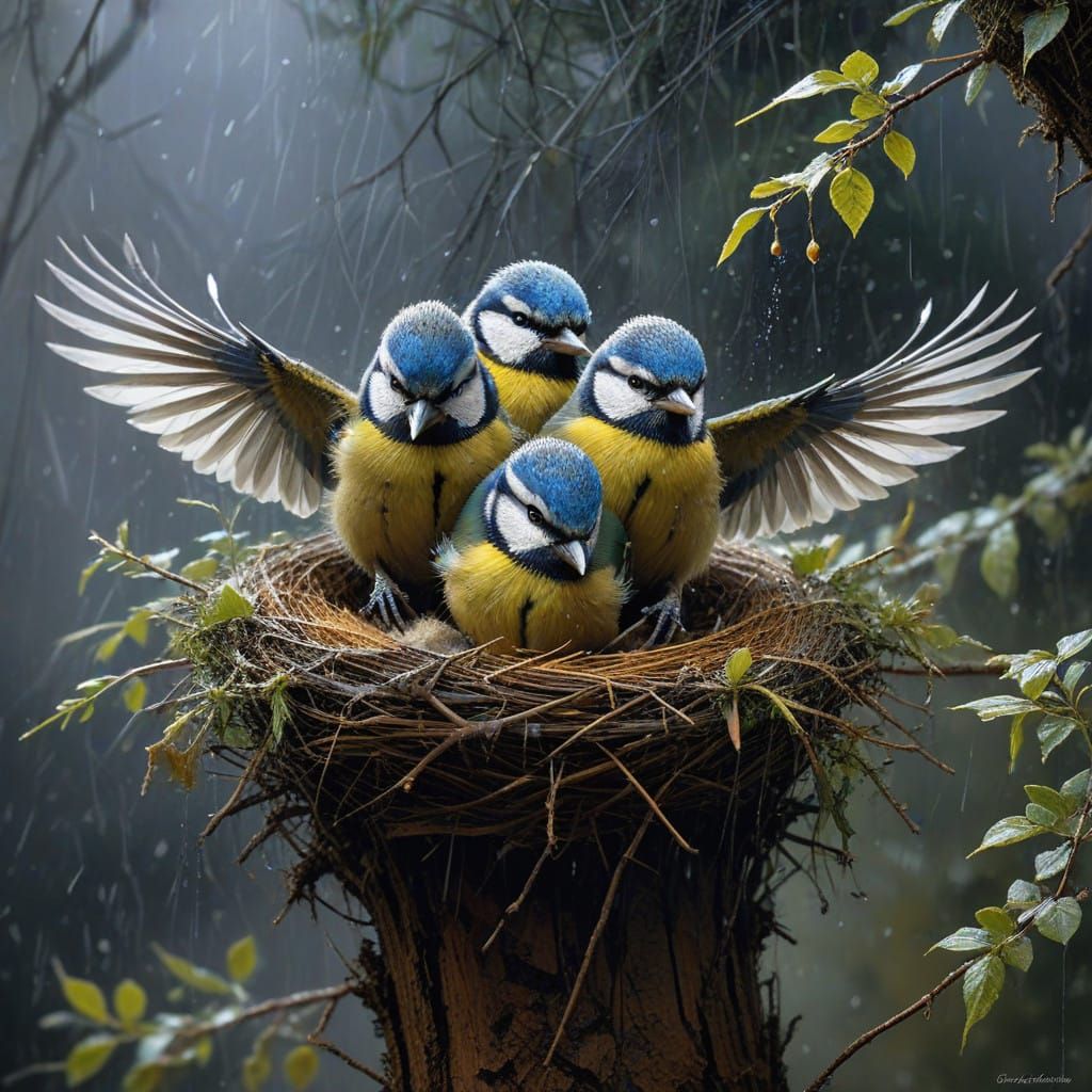 Mother Blue Tit Protects Chicks in a Rainy Night Scene