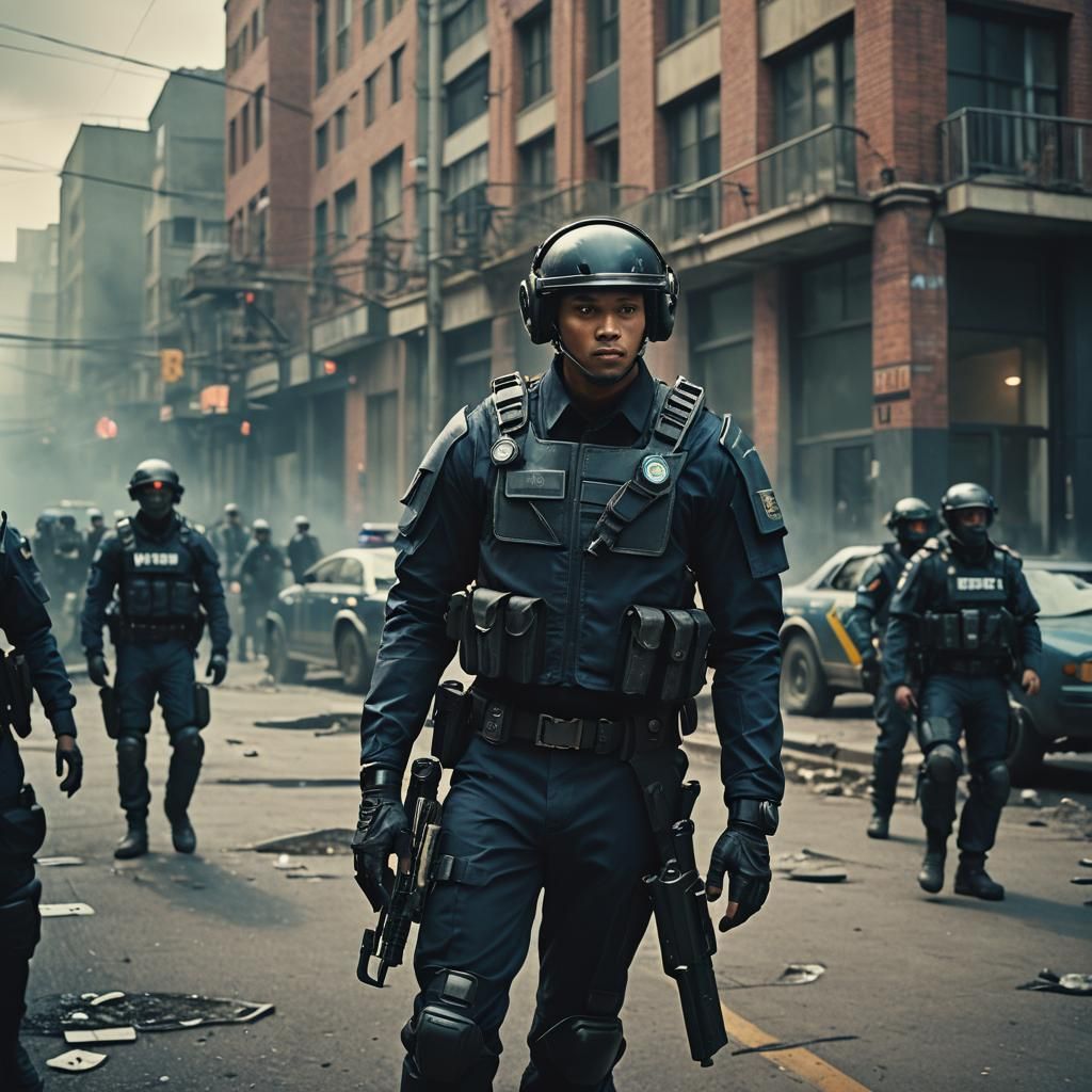 Dramatic Film Still of Future Police