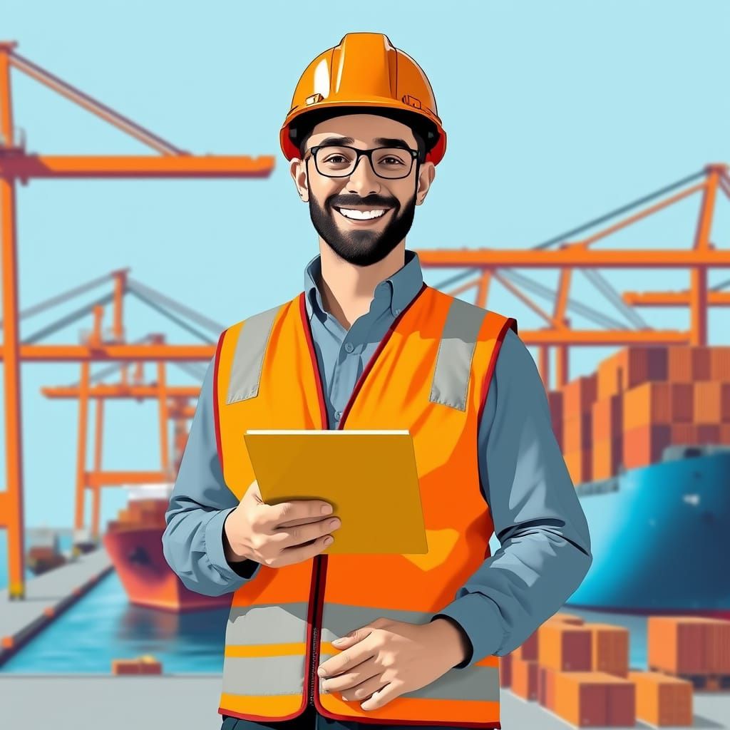 Exporter Inspects Goods at Modern Harbor: Syd Mead Style