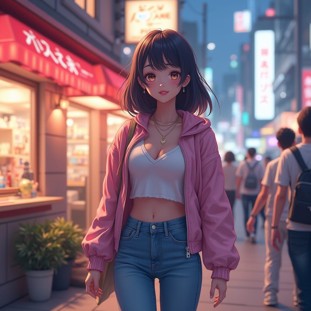 Young Woman Walks Towards a Pizza Shop in Vibrant City Life