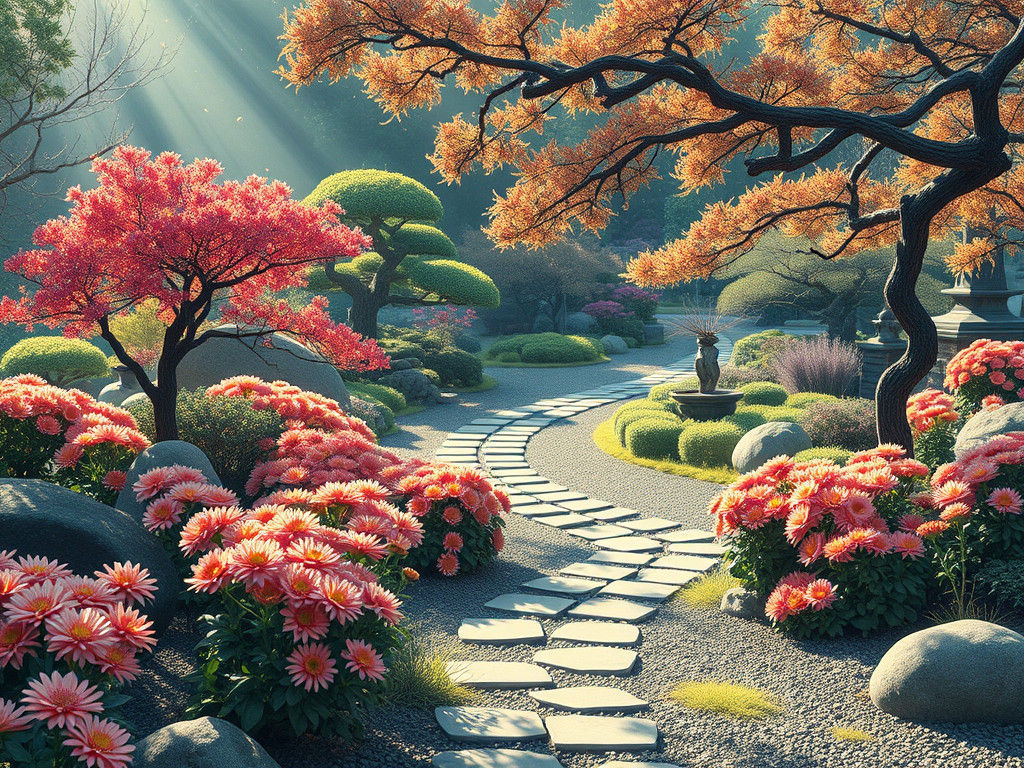 Japanese Garden with Chrysanthemums in Ukiyo-e Style