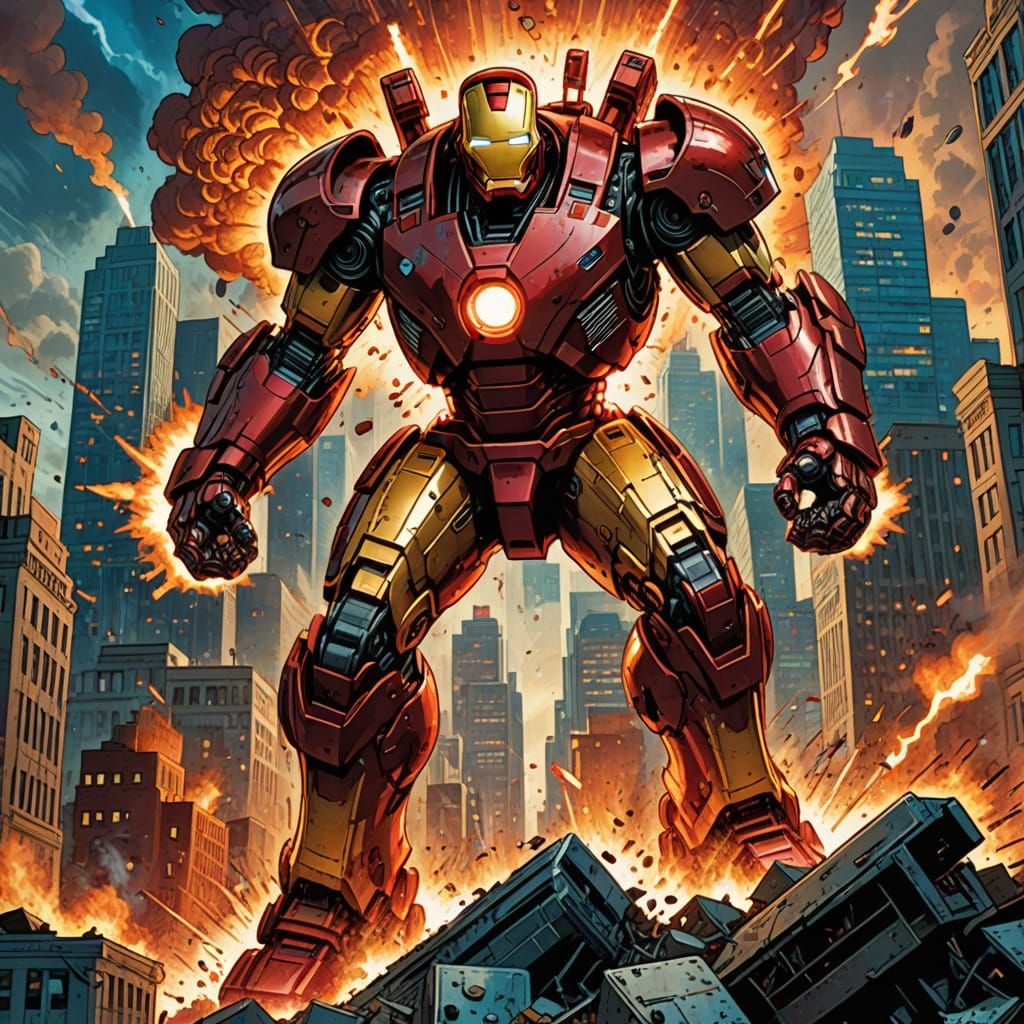 Iron Man Defends City From Robot Attack in Comic Art