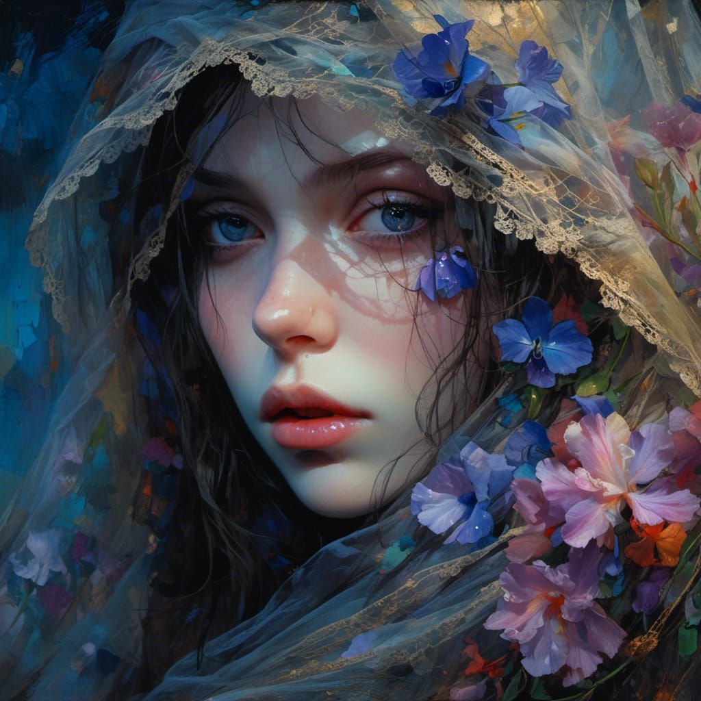 Stunning Veiled Woman with Iridescent Eyes