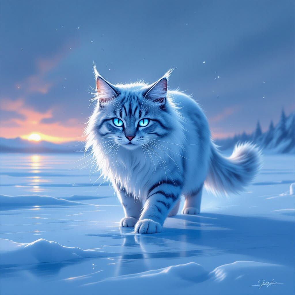 Mystical Ice Cat Prowling Frozen Lake