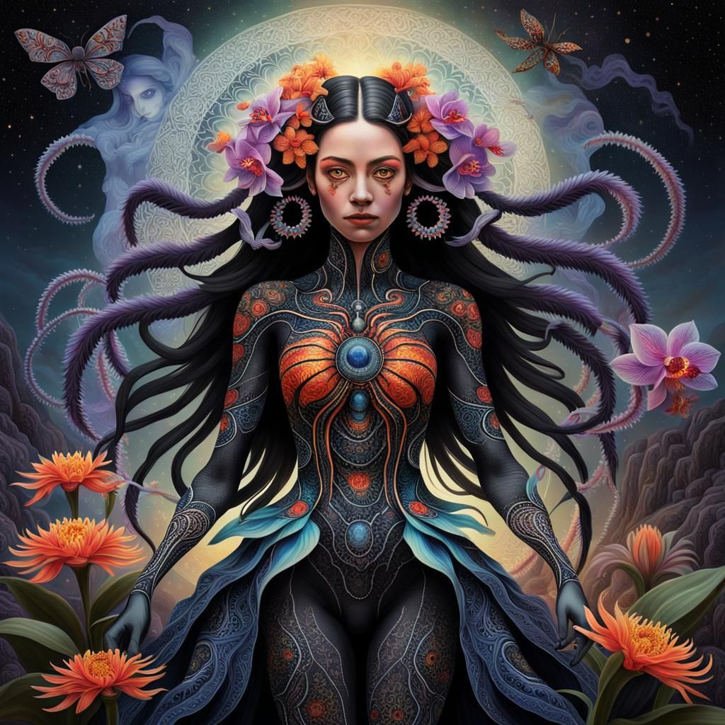 Mysterious Woman with Orchid in Surreal Landscape