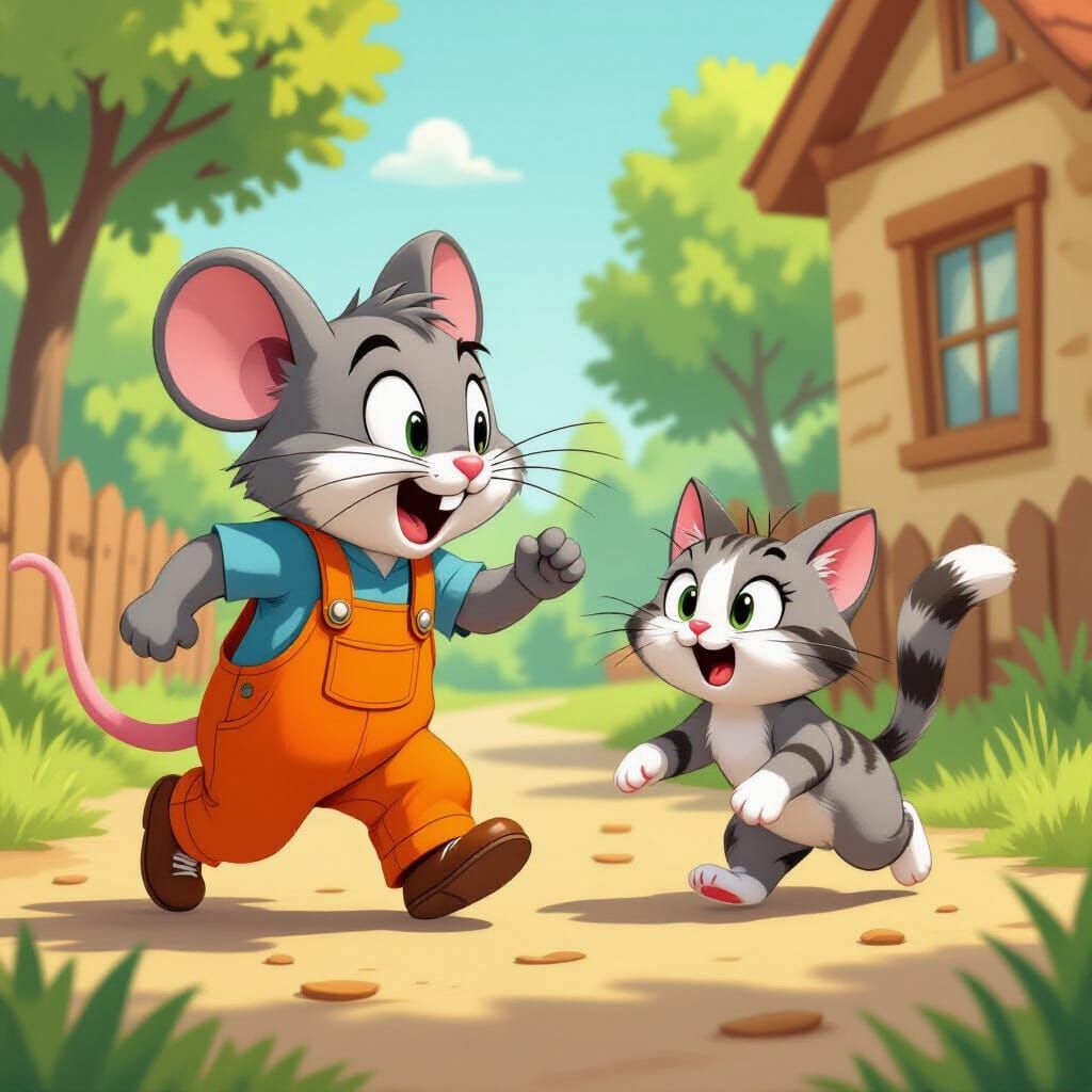 Mouse Chases Cat in Vibrant 2D Cartoon Style