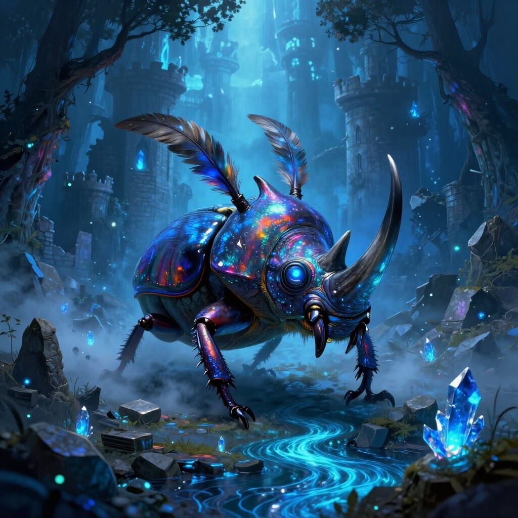 Iridescent Beetle Creature in Glowing Blue Mist Tunnel
