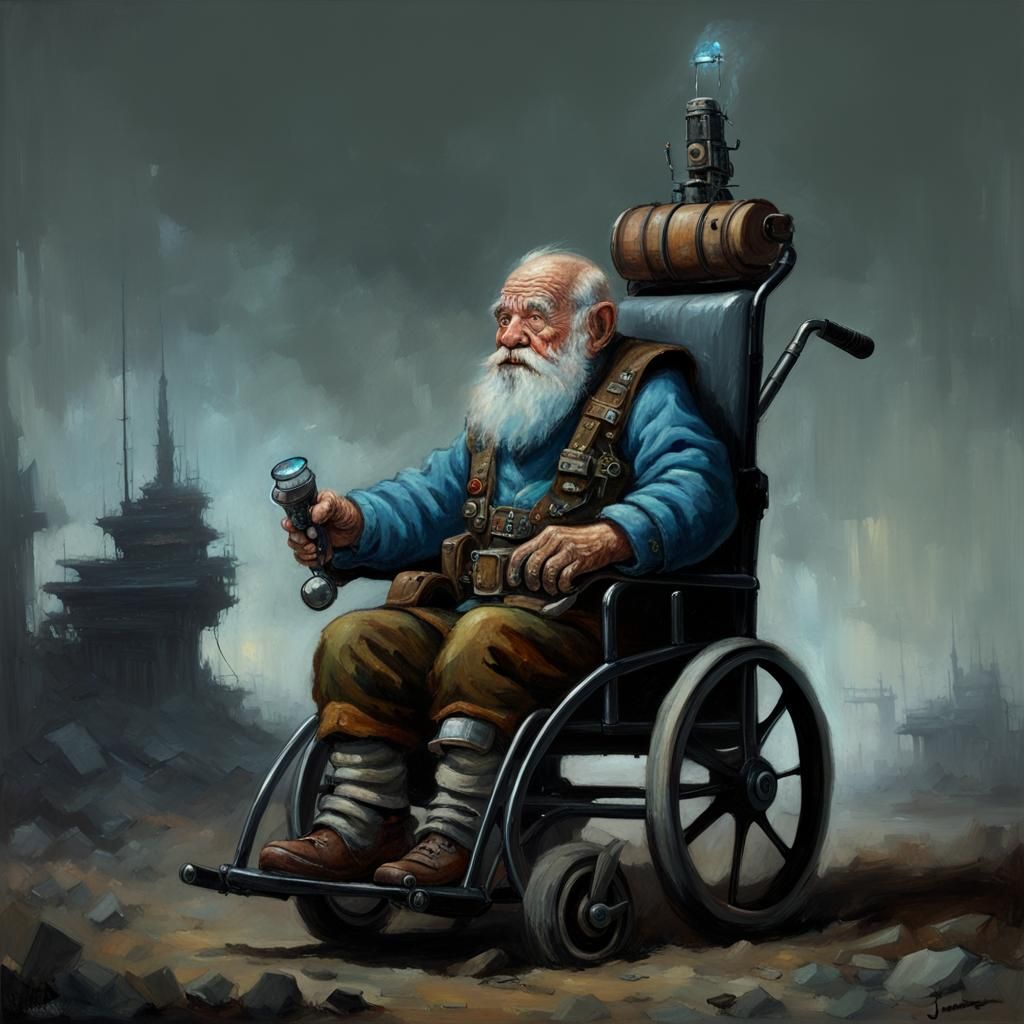 Elderly Dwarf in Jet-Powered Wheelchair as Oil Painting