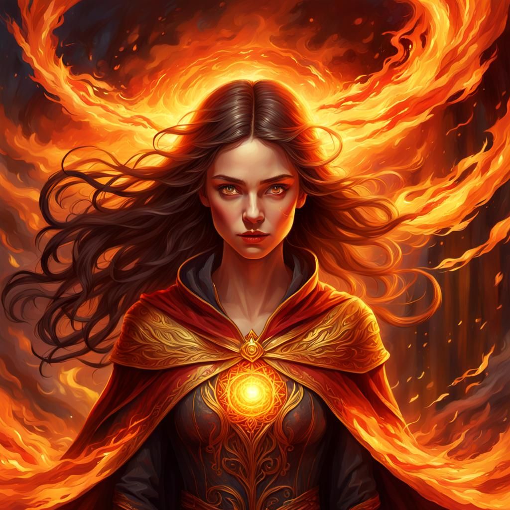 Mystical Woman Surrounded by Swirling Flames