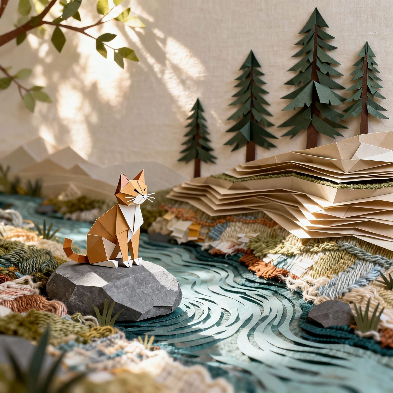 Origami Cat by Rippling Brook in Mixed Media Forest