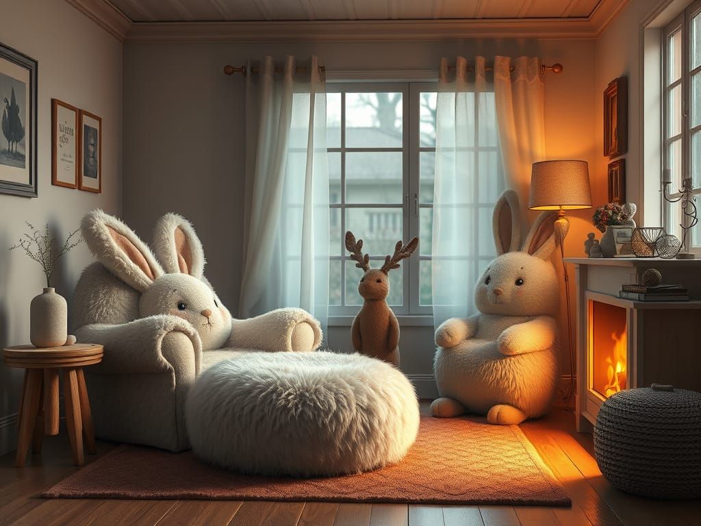 Cozy Rabbit-Themed Living Room in Photorealistic Style