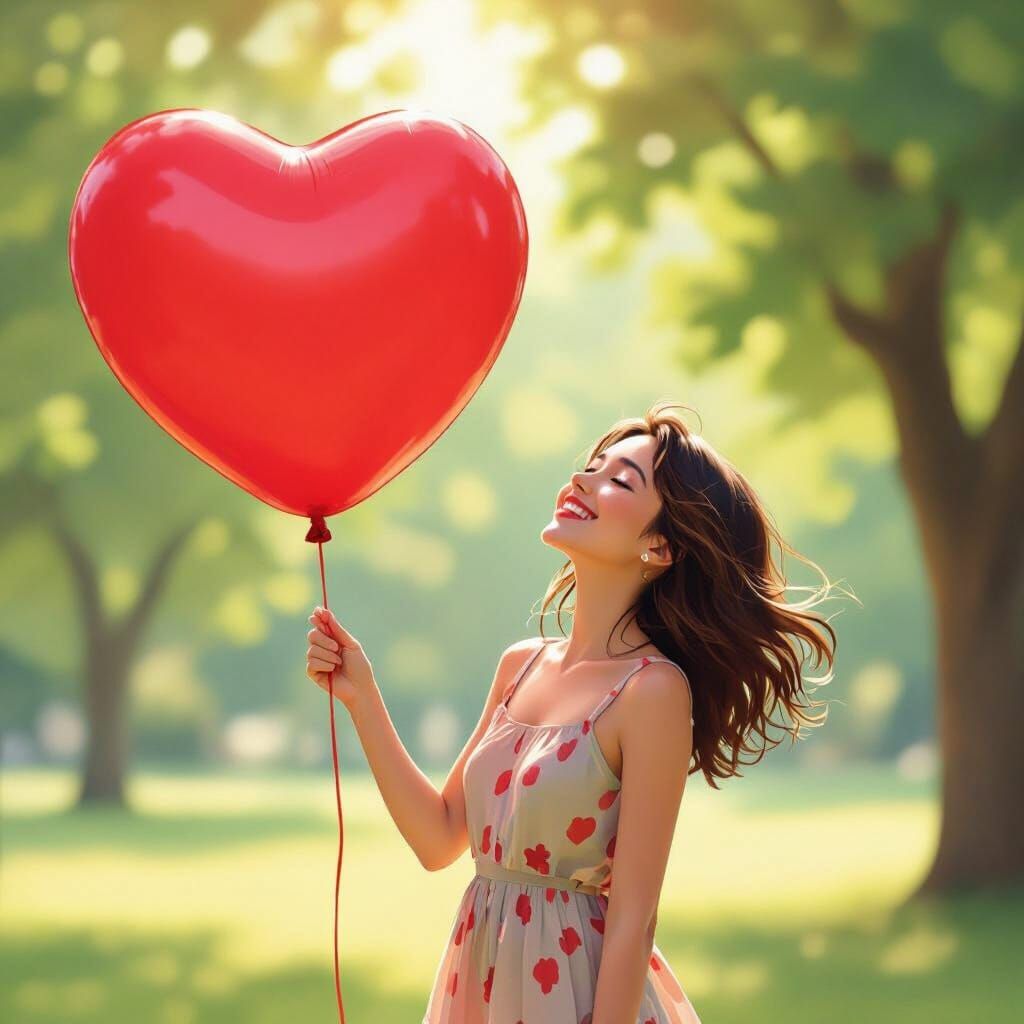 Woman Joyfully Blows Up Red Heart Balloon in Park