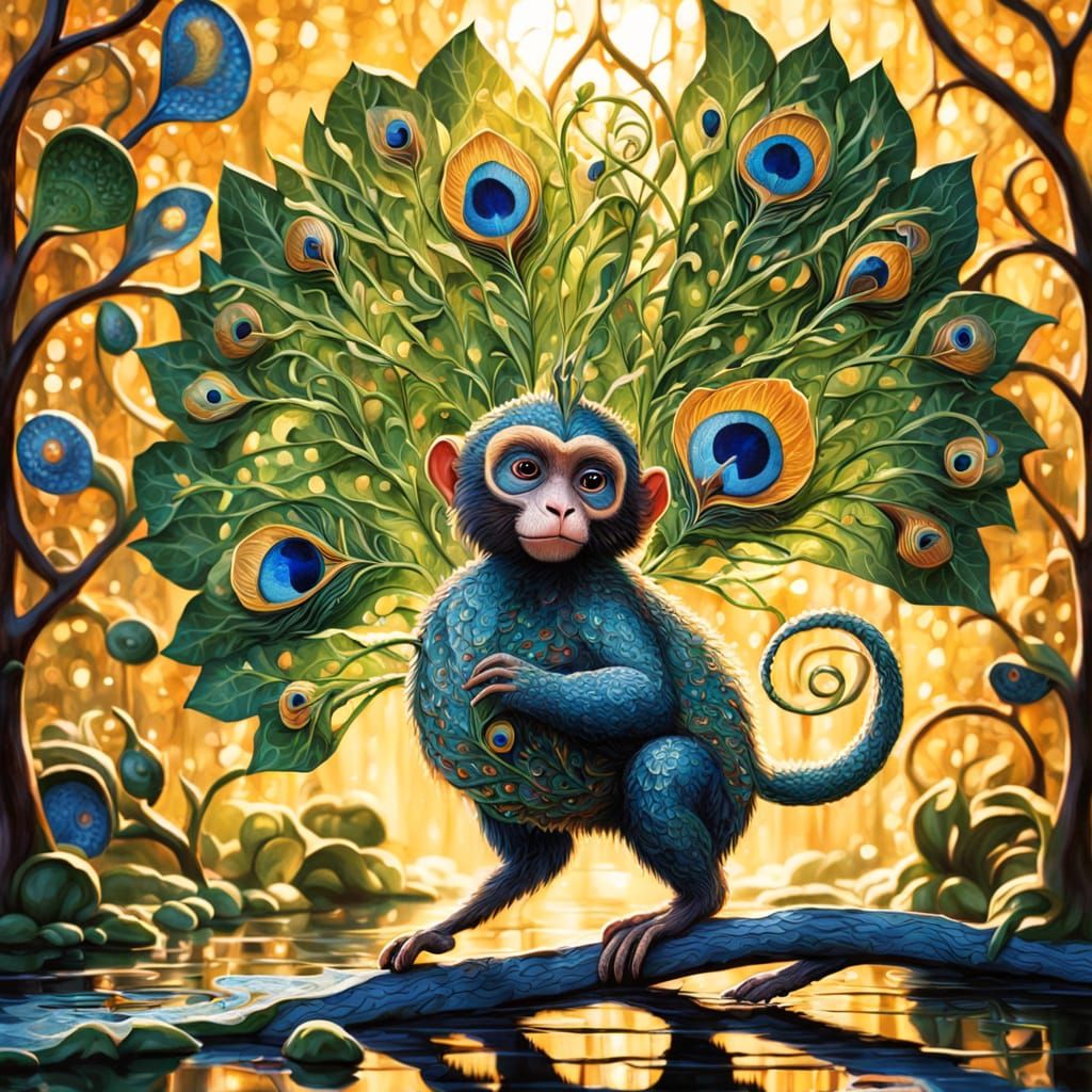 Surreal Morning Jungle Scene with Miniature Peacock Monkey