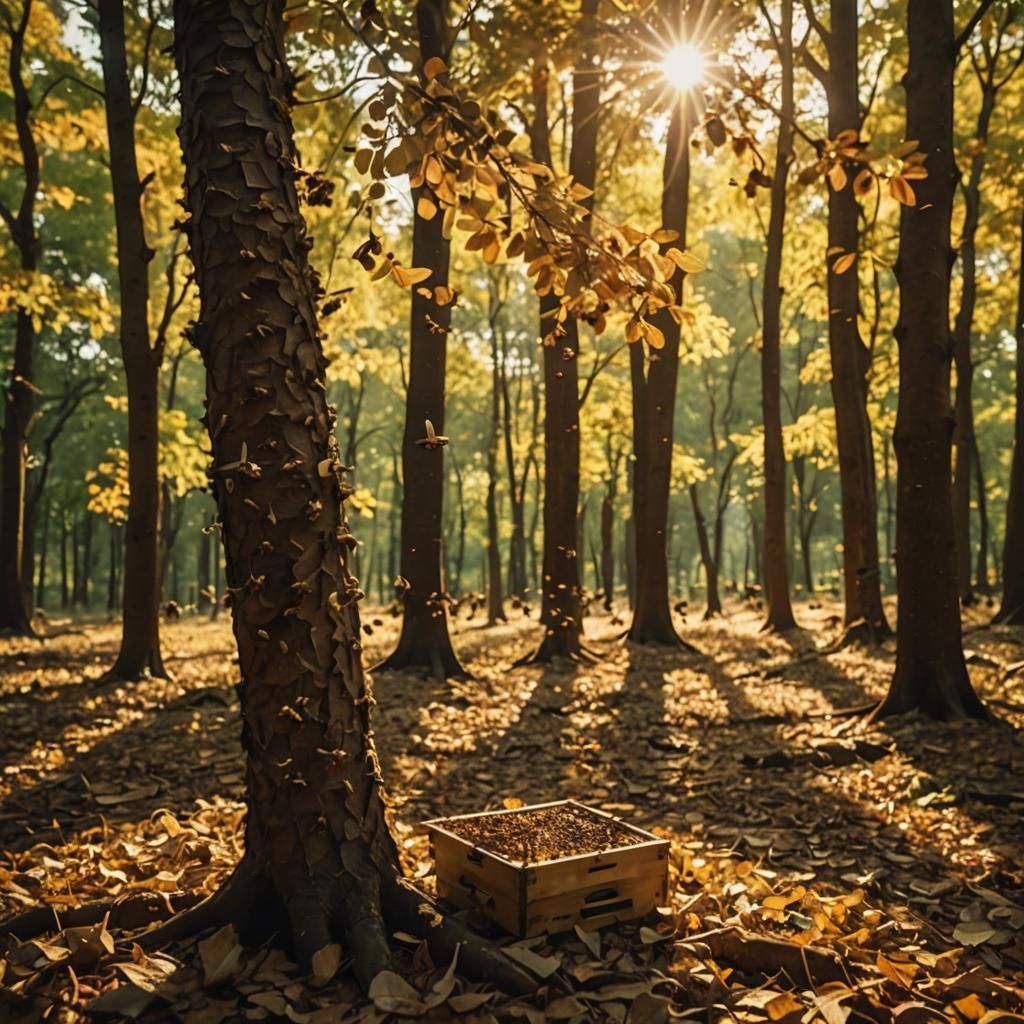 Bees Swarming in Sun-Drenched Forest: Cinematic Film Still