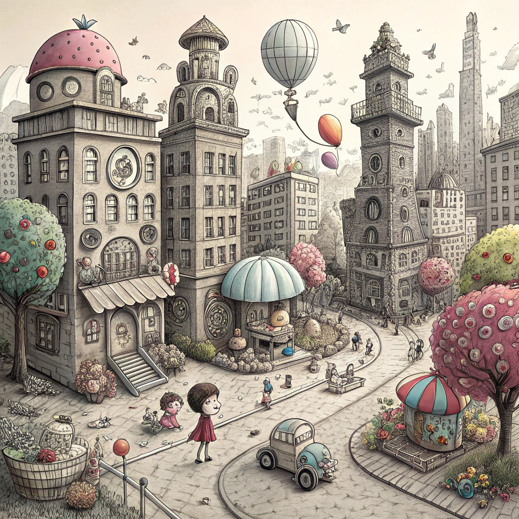 Doodle City: Hyperdetailed Charcoal Drawing of a Wacky Metro...