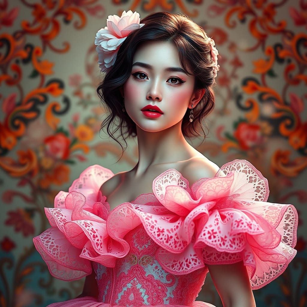 Vibrant Ball Gown Portrait in Art Nouveau Style