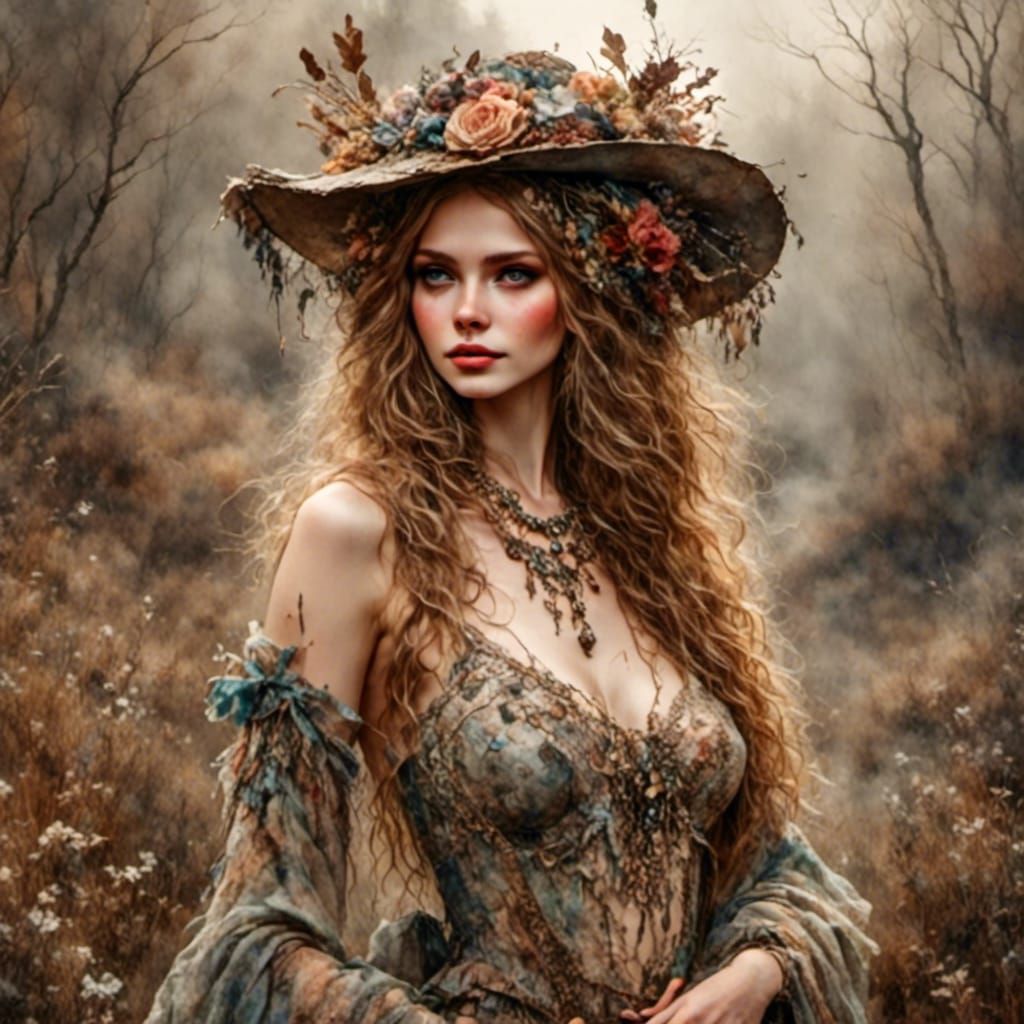 Stunning Woman Poses in Antique Watercolor Style