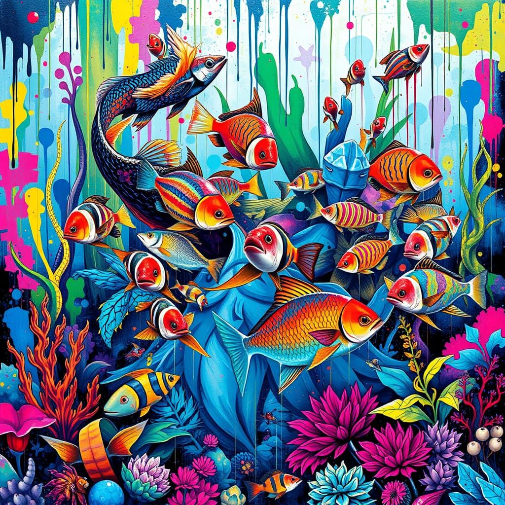 Dazzling Fish Dance in Vibrant Oceanic Mural