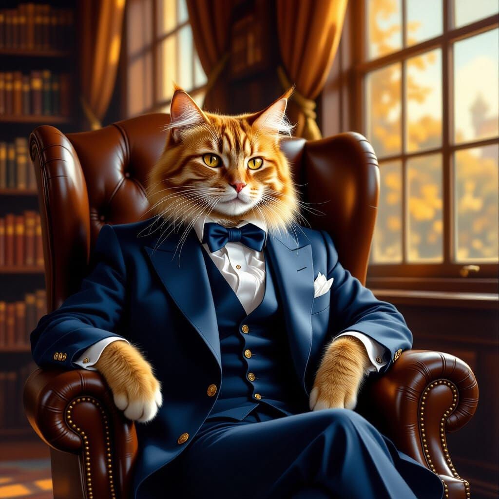Regal Ginger Cat in Blue Suit Sits in Library