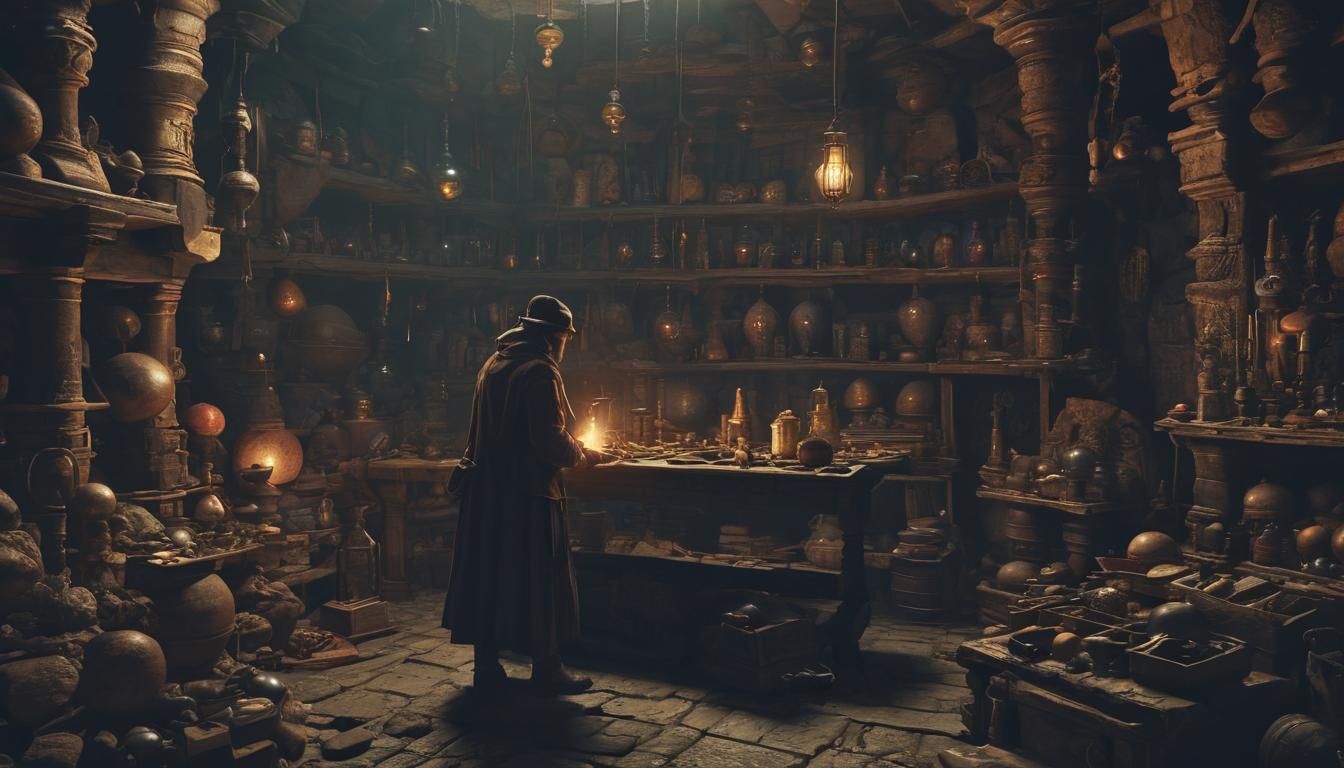 Mystical Alchemist in Dimly Lit Cellar Concept Art